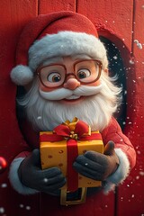 3D cartoon-style illustration, with a cute smiling Santa Claus peeking out from a hole in a red wall, holding a present box