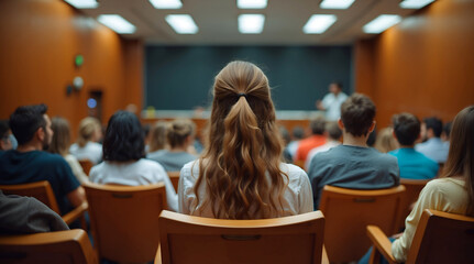 Focused classroom atmosphere with diverse students in rows of wooden chairs learning in a professional academic setting
