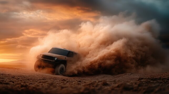 A robust off-road vehicle kicks up dust while navigating rugged terrain against a sunset backdrop, representing freedom and the call of adventure in the wild.