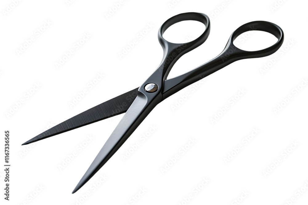 Poster A pair of black scissors with rounded handles, designed for cutting.