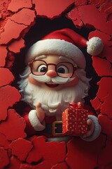 3D cartoon-style illustration, with a cute smiling Santa Claus peeking out from a hole in a red wall, holding a present box