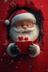 3D cartoon-style illustration, with a cute smiling Santa Claus peeking out from a hole in a red wall, holding a present box