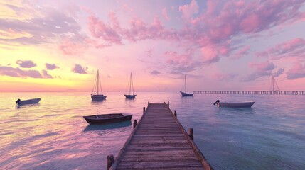 Obraz premium Tranquil Coastal Retreat: Photorealistic Sunset View with Wooden Pier, Boats, and Pastel Sky