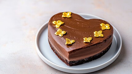 Valentine Food Concept, Heart-Shaped Chocolate Mousse Cake Decorated with Edible Gold Flowers on a White Plate