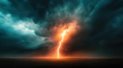 A striking bolt of lightning illuminates a dark and ominous sky, creating a powerful contrast between nature's fury and the calm of an open landscape beneath.