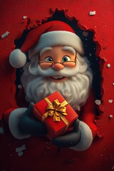 3D cartoon-style illustration, with a cute smiling Santa Claus peeking out from a hole in a red wall, holding a present box