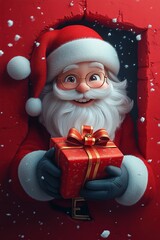 3D cartoon-style illustration, with a cute smiling Santa Claus peeking out from a hole in a red wall, holding a present box