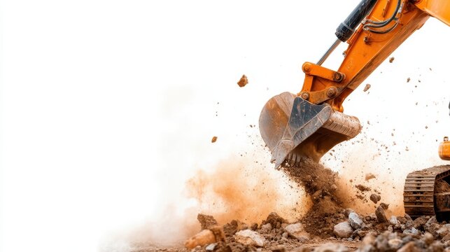 The image beautifully captures an excavator in action, throwing dirt into the air, creating an impressive scene filled with movement and dynamic energy in a worksite.