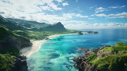 Serene Coastal Escape - Photorealistic View of Secluded Beach with Turquoise Waters, Cliffs, and Wispy Clouds