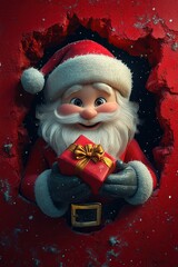 3D cartoon-style illustration, with a cute smiling Santa Claus peeking out from a hole in a red wall, holding a present box