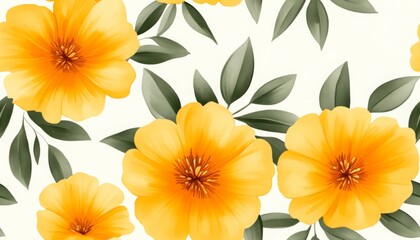 seamless repeating pattern of watercolor golden-yellow marigolds floral with hints of orange soft green leaves.
