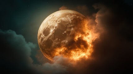 Obraz premium A powerful depiction of a blazing moon surrounded by billowing clouds, illuminating the night sky with its fiery glow, capturing a sense of awe and the beauty of celestial phenomena.