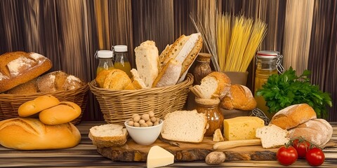 An assortment of rustic baked goods and fresh ingredients including a variety of breads, sliced ​​bread, cheese, parsley, tomatoes, honey, pasta and small jars of juice, beautifully displayed on a woo