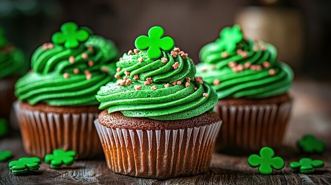 Green frosted cupcakes with shamrocks on rustic wood table for St. Patrick's Day.
