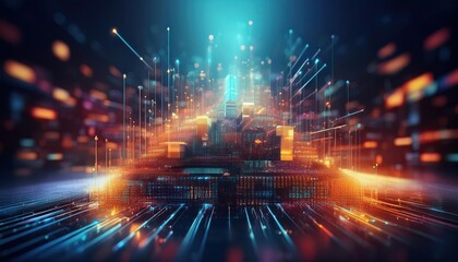 Fototapeta premium A vibrant, futuristic cityscape with glowing lights, representing technology, data, and digital innovation in a dynamic, abstract style.