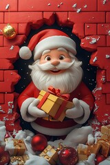 3D cartoon-style illustration, with a cute smiling Santa Claus peeking out from a hole in a red wall, holding a present box