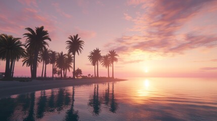 Tranquil Coastal Serenity at Sunset: Vibrant Skies and Silhouetted Palms in Photorealistic Detail
