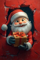 3D cartoon-style illustration, with a cute smiling Santa Claus peeking out from a hole in a red wall, holding a present box