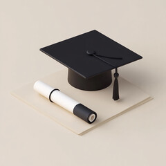 3D isometric icon of a black graduation cap with a rolled up diploma.