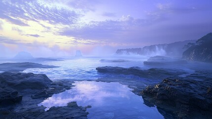 Fototapeta premium Majestic Coastal Panorama: Dusk on a Rocky Shoreline with Mist, Tide Pools, and Cliffs