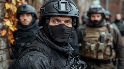 A close-up shot captures the piercing gaze of a tactical operative, emphasizing their readiness and commitment in a high-stakes operation.