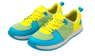 A pair of vibrant yellow and blue athletic shoes designed for sports and leisure.