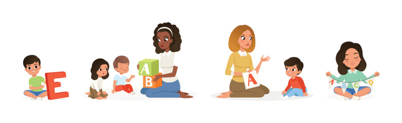 Teacher Explaining Alphabet to Children in Kindergarten Vector Set