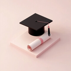 3D isometric icon of a black graduation cap with a rolled up diploma.