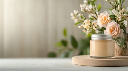 A stylish cosmetic container accompanied by delicate flowers, conveying an essence of beauty and sophistication, suitable for high-end skincare branding.