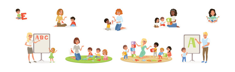 Teacher Explaining Alphabet to Children in Kindergarten Vector Set