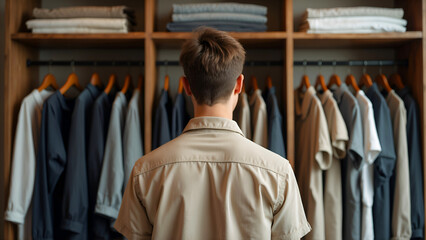 Naklejka premium Stylish wardrobe organization with a man centered in front of color-coordinated clothing and tidy arrangement