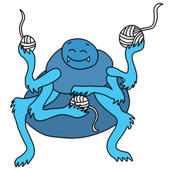 happy blue spider smiling and holding balls of white web threads in its paws