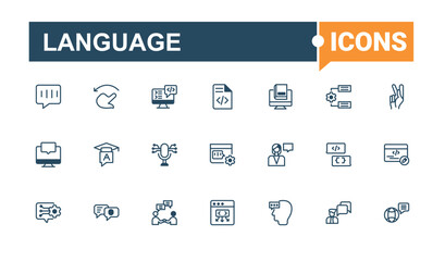 Language icon set. Contains related to ai, speak, pronunciation, dialogue, dialog, art, global and more. Minimal icons. Vector line and solid icons.