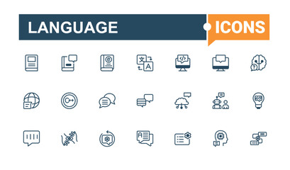 Language icon set. Contains related to ai, speak, pronunciation, dialogue, dialog, art, global and more. Minimal icons. Vector line and solid icons.