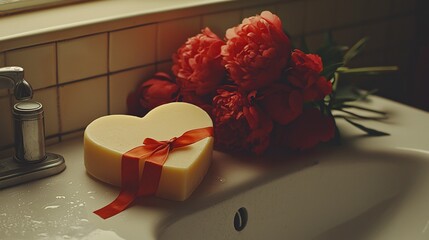 Heart-shaped gift and peonies on bathroom sink.