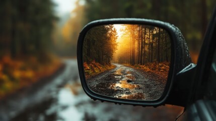 A beautiful capture of an autumn sunset reflected in a car's side mirror, showcasing golden hues and vibrant foliage that evoke feelings of warmth and nostalgia.