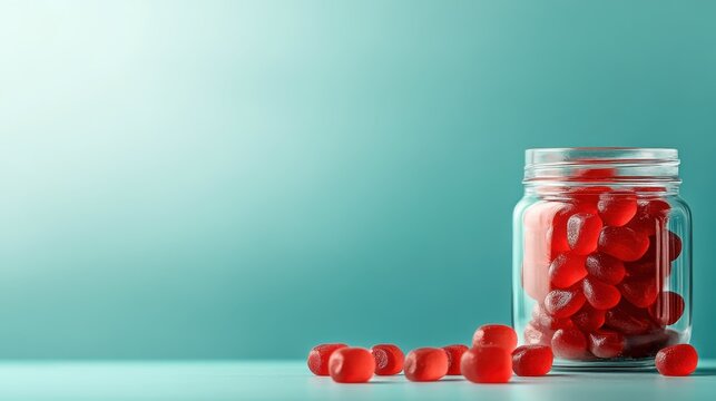A clear jar filled with vibrant red gummies, showcasing the delightful candy in an enticing way against a soft teal background for an appealing visual treat.