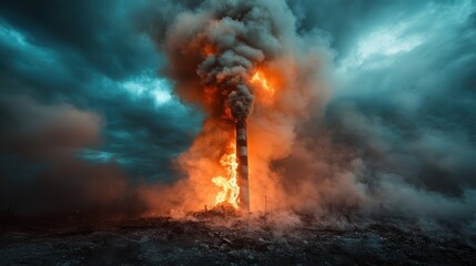 An arresting image of an inferno bursting from industrial smoke stacks, beautifully capturing the raw power of fire and evoking concern about industrial pollution and its effects.