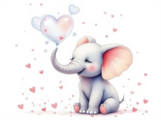 Obraz premium Cute elephant holding hearts, a sweet and tender illustration, ideal for Valentine's Day, baby or children's designs.