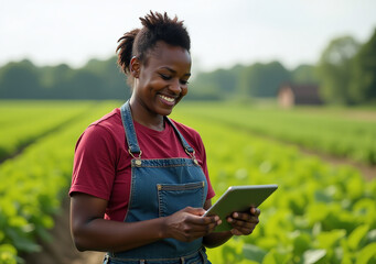 african american woman farms tablet smile sustainable agriculture focusing organic production rural countryside