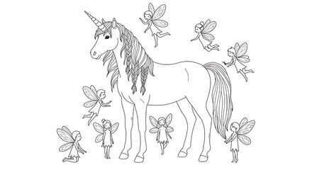 Magical unicorn, fairies, wings, coloring page for kids.  Fantasy drawing.