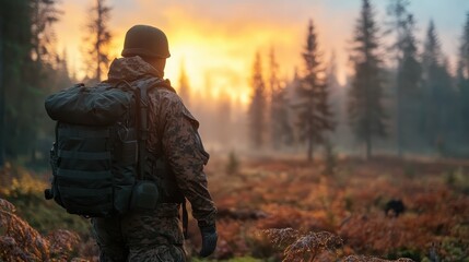 A soldier in camouflage stands overlooking a misty forest landscape at sunrise, capturing a moment of reflection, strength, and connection to nature amidst the tranquility of the outdoors.