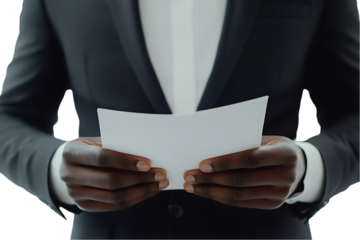 A person in a suit holds a blank piece of paper, suggesting a formal context.