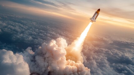 Fototapeta premium A rocket ascends dramatically into the sky, leaving behind a trail of smoke and light, symbolizing innovation, exploration, and the relentless pursuit of knowledge and discovery.