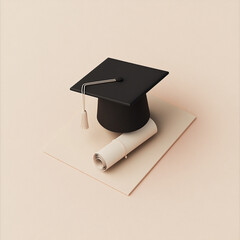 3D isometric icon of a black graduation cap with a rolled up diploma.