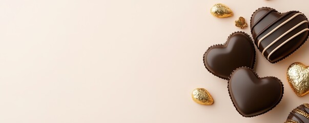 Decadent chocolate hearts with gold accents on smooth beige background create luxurious and romantic atmosphere, perfect for special occasions