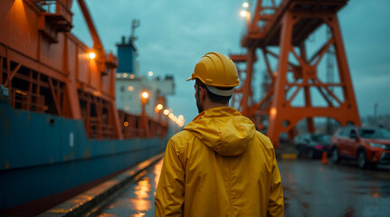 Fototapeta premium Worker in yellow raincoat at an industrial port with wet surfaces, cranes, and a moody dusk atmosphere