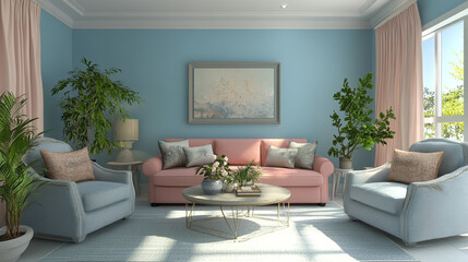 Fototapeta premium Cozy Living Room with Light Blue Walls and Pink & Grey Sofa