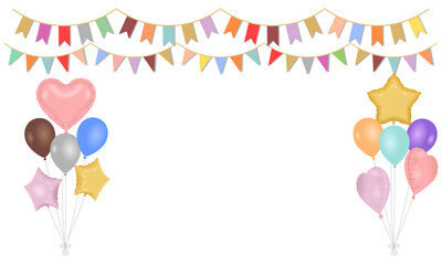 bunting flag with bunch of balloons set for birthday party banner. vector illustration isolated on white background.