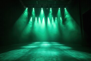 green spotlights illuminate the stage floor in a dark room creating an atmosphere of anticipation the lighting serves as a striking backdrop for performances or presentations